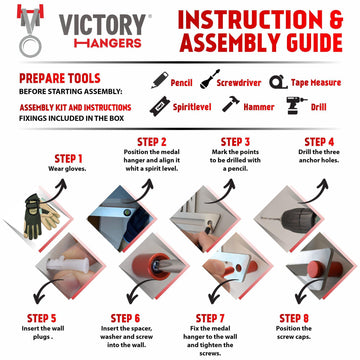 Victory Hangers instruction and assembly guide with step-by-step visuals for installing the All About Me Medal Hanger Display.
