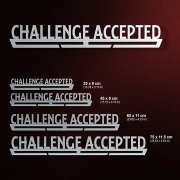 Challenge Accepted Medal Hanger Display shown in five sizes from 35 cm to 75 cm, suitable for holding 8 to 45 medals depending on size.