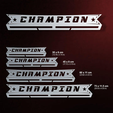 Champion Medal Hanger Display V2 shown in four size options with dimensions, suitable for holding 8 to 45 medals depending on size.