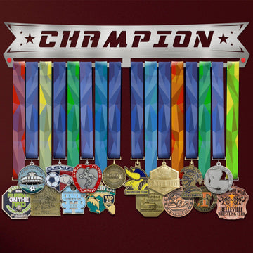 Champion Medal Hanger Display V2 showcasing multiple colorful medals on a stainless steel rack, ideal for organizing and displaying achievements.
