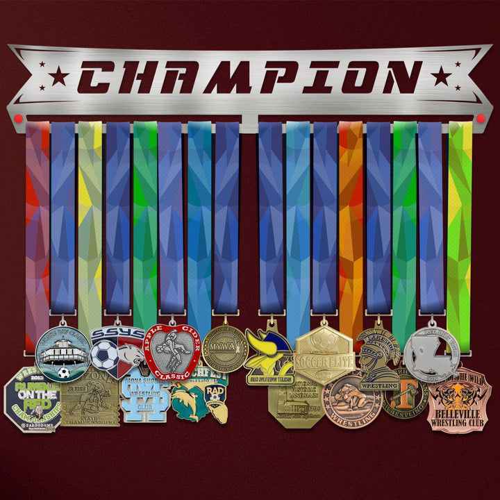 Champion Medal Hanger Display V2 showcasing multiple colorful medals on a stainless steel rack, ideal for organizing and displaying achievements.