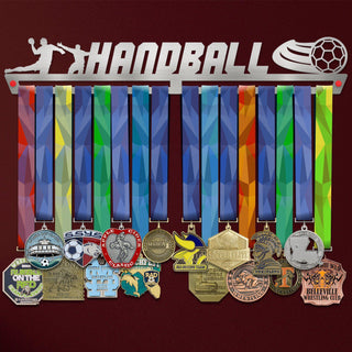 Handball Medal Hanger Display MALE showcasing colorful ribbons and various medals on a stainless steel rack with handball-themed cutout design.