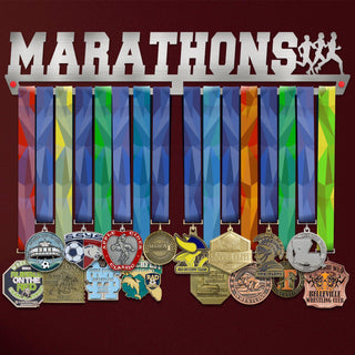 Marathons Medal Hanger Display with colorful ribbons and 13 medals, ideal for marathon runners to showcase achievements.