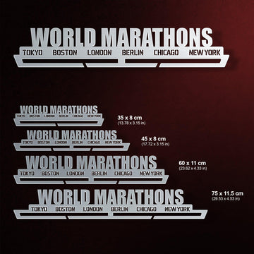 World Marathons Majors Medal Hanger Display Rack V1 available in four sizes with dimensions and medal capacity guide.